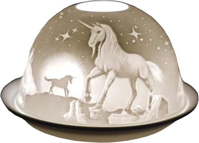 Cello Porcelain Tealight Holder Dome, Unicorn Design, A stunning candle holder projecting a 3D image or loving message. Suitable to be used with scented and unscented tealights.