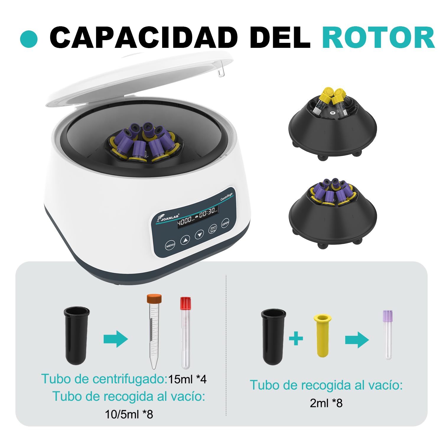 JOANLAB Centrífuga de Baja Velocidad 4000 RPM 2173 xg Temporizador 30s-59min 4x15ml u 8x2/5/10ml Tubos LC-400