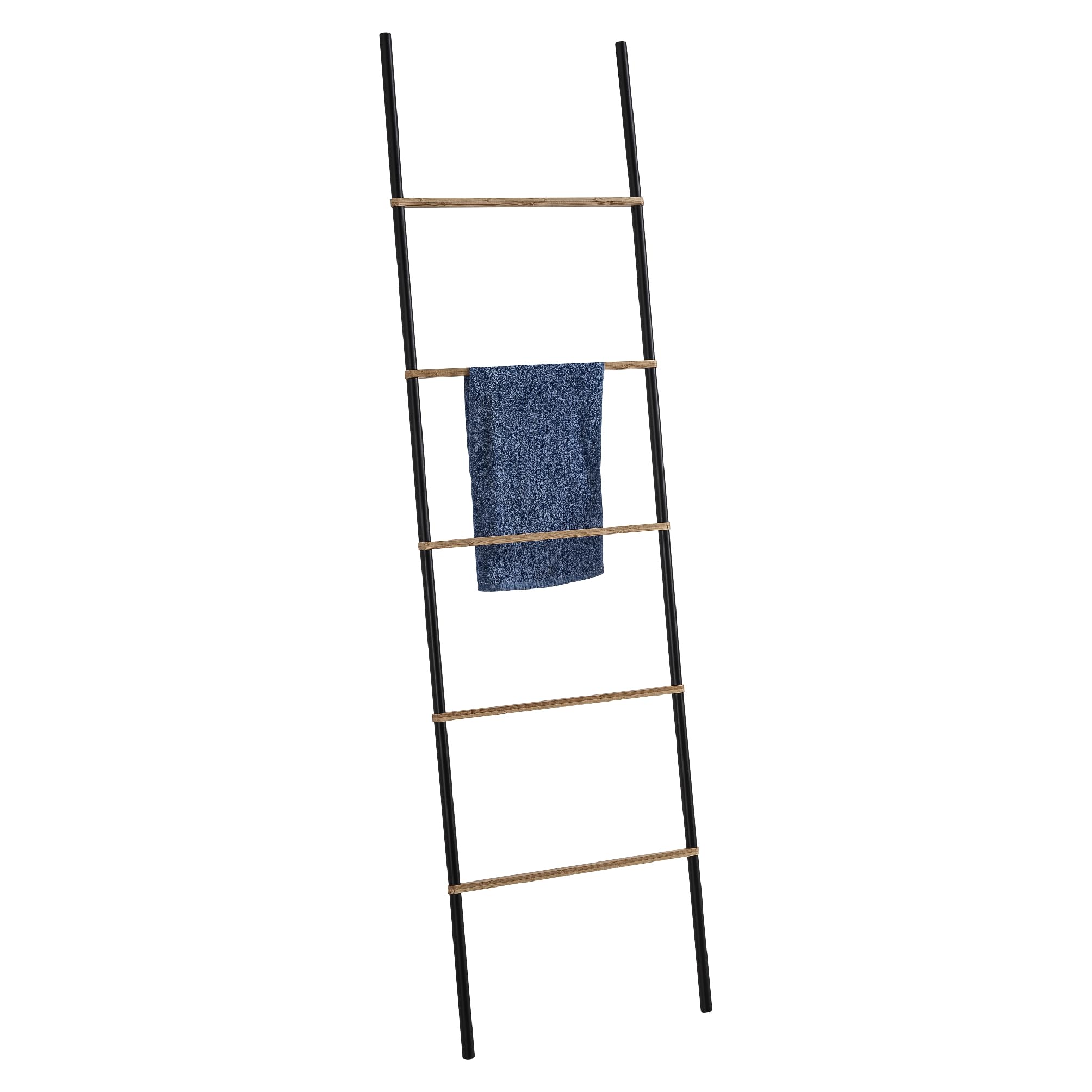Toallero de Pie Tipo Escalera KENTA Gedy, Negro Mate y Bambú Natural, 45x2,1x161 cm, Fabricado en Metal y Bambú, Diseño Moderno sin Instalación