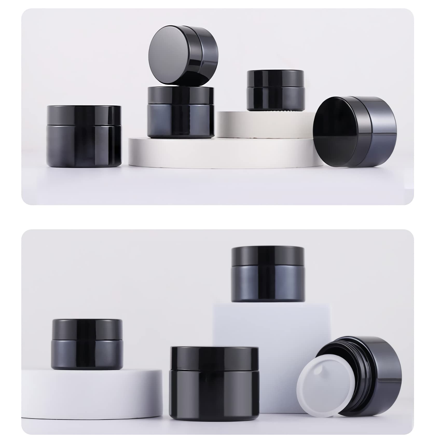 12 Pezzi 50ml Vasetti di Vetro Cosmetici con Tappo Nero, Vuoti 50g Vasetti di Vetro Cosmetici Contenitori Bottiglia da Viaggio per Creme Balsamo Labbra Riutilizzabile