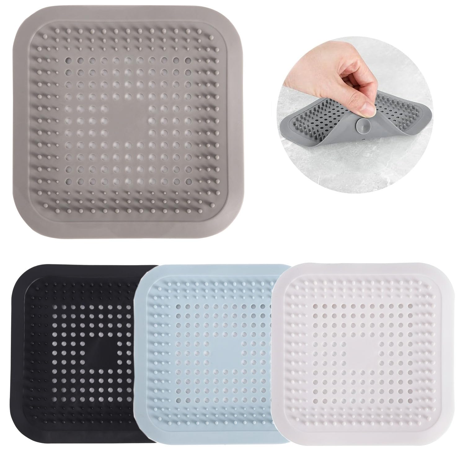 Hair Catcher, Silicone Shower Drain Hair Stopper for Bathroom Kitchen Shower Easy to Clean and Durable with Suction Cups (Square)