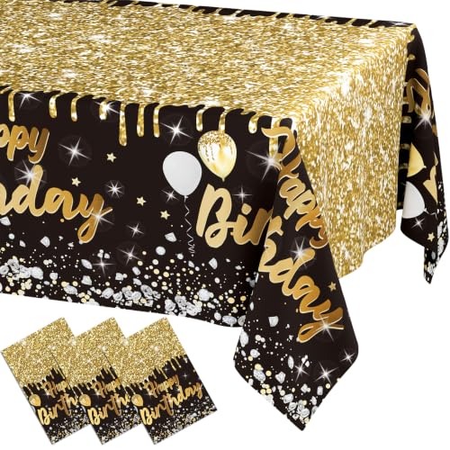 Image of Smiry Plastic Table Cloth Disposable 3 Pack, 54 x 108 Inch Rectangle Waterproof Tablecloth, Printed Gold Table Runner Style for Birthday Weeding, Party Decorations, Leakproof & Sturdy, Black and Gold