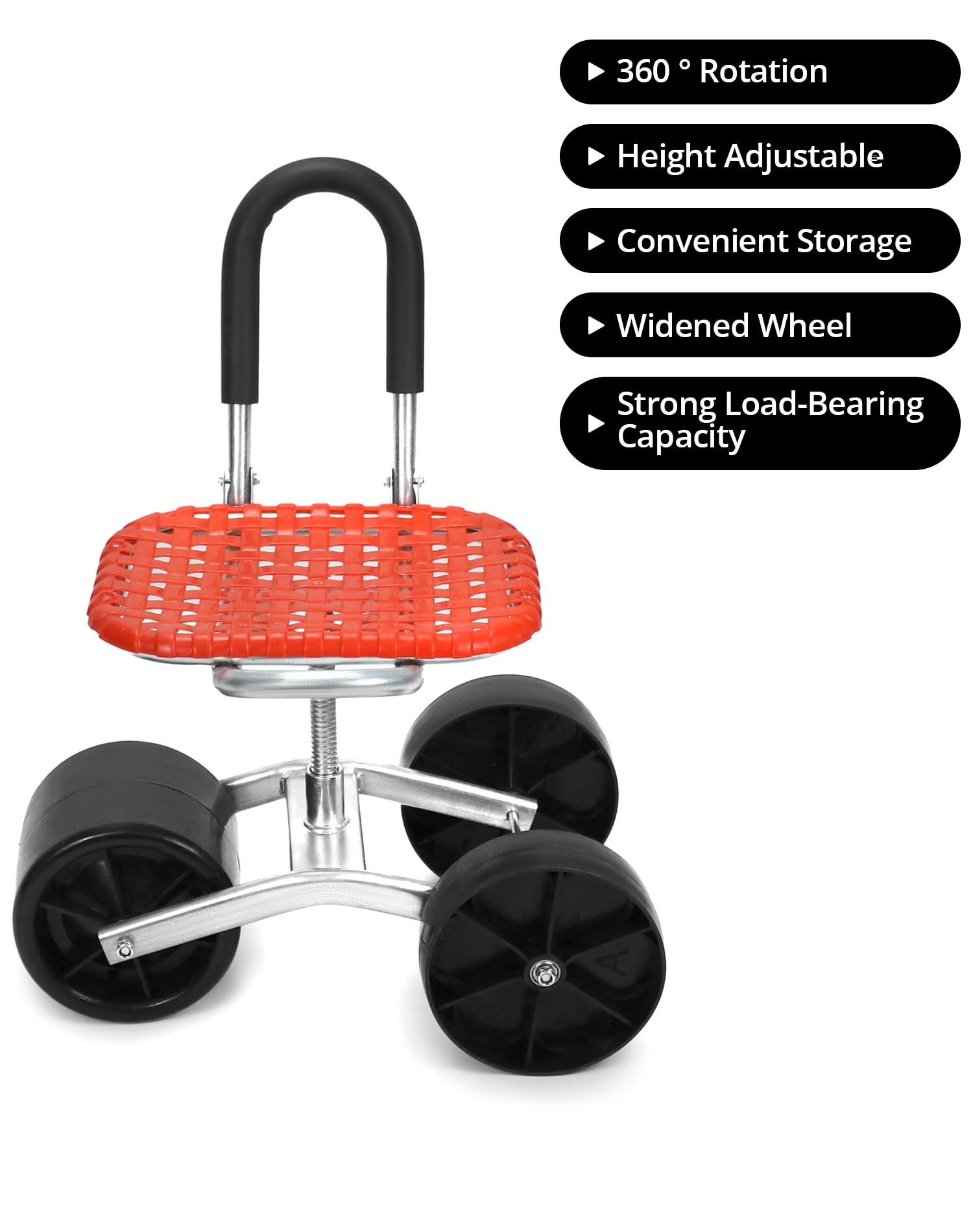 QWORK® Asiento de jardín con Ruedas, Asiento rodante para jardinería, Giratorio 360 °, Rojo, Regulable en Altura, para el hogar y el jardín