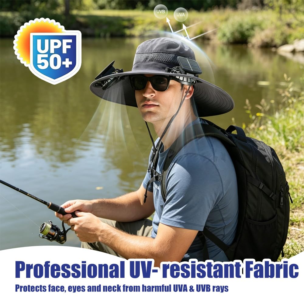 Chapeau de Soleil, Chapeau de Pêche avec 2 Ventilateur Solaire, Chapeau de Fan Solaire à Bord Large, Générique Chapeau de Fan Solaire pour Activités de Plein Air comme la Randonnée Jardinage