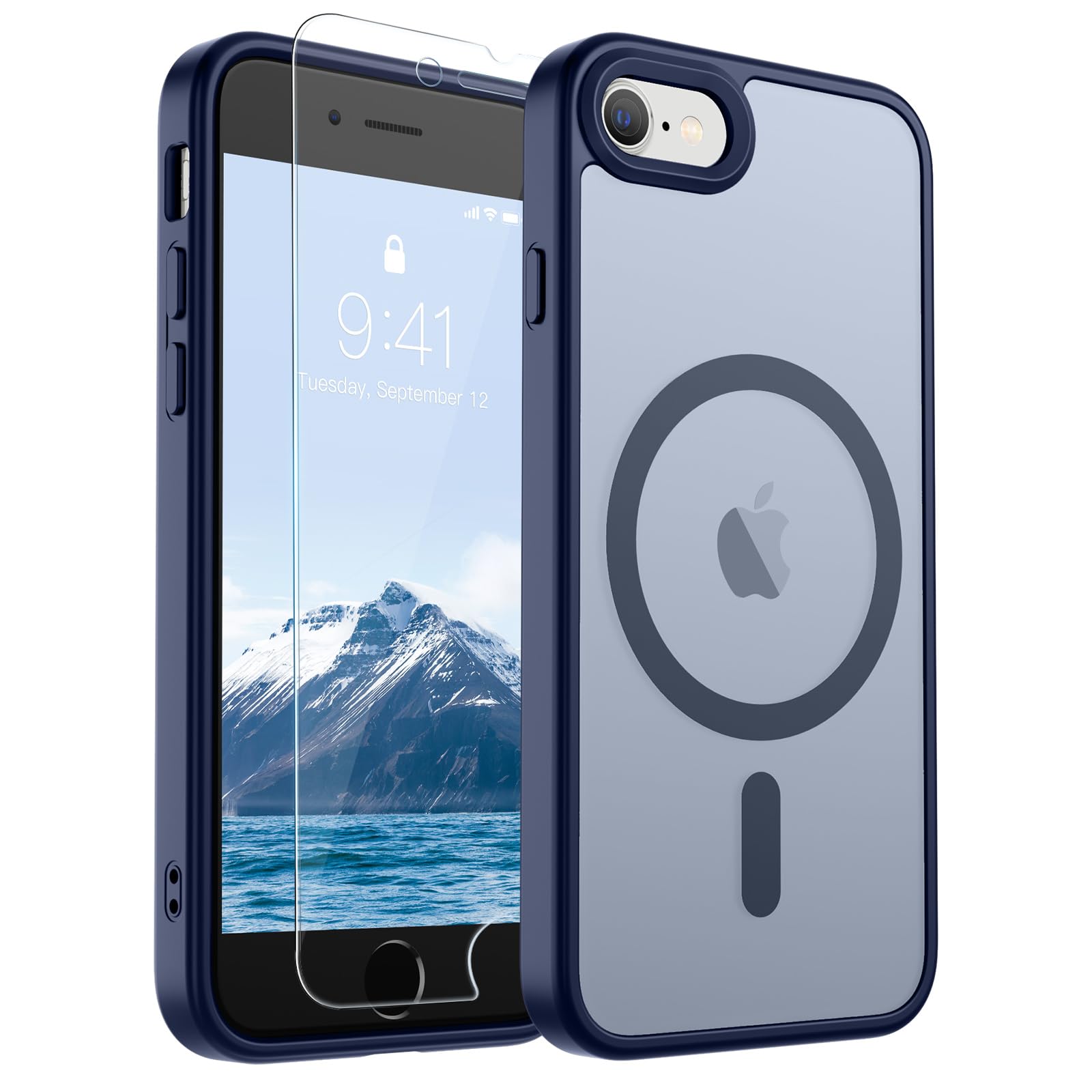 SUPFINE Magnetic for iPhone SE Case 2022 (3rd)/2020 (2nd), iPhone 8 Case | With Screen Protector, Translucent Matte, Compatible with MagSafe, Military Grade Drop Proof, Navy Blue