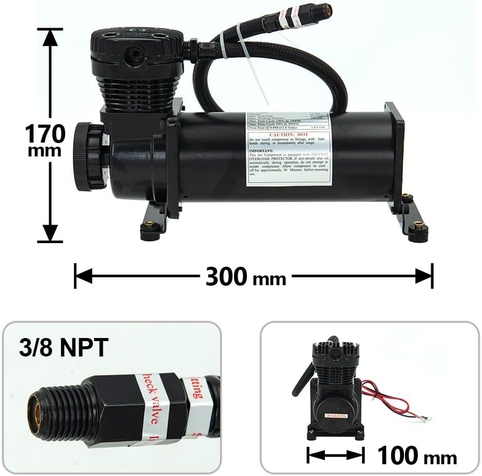 200PSI 3/8 NPT Heavy Duty Air Train Horn/Air Ride Suspension Compressor for Train/Truck/Car 12V Black - Image 2