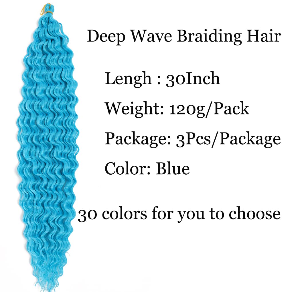 30inch Ocean Wave Braiding Hair Extensions 3packs Long Deep Curly Wave Braid Hair Synthetic Twist Ripple Crochet Curly Braids Hair for Women 100g/pack(30",Blue)