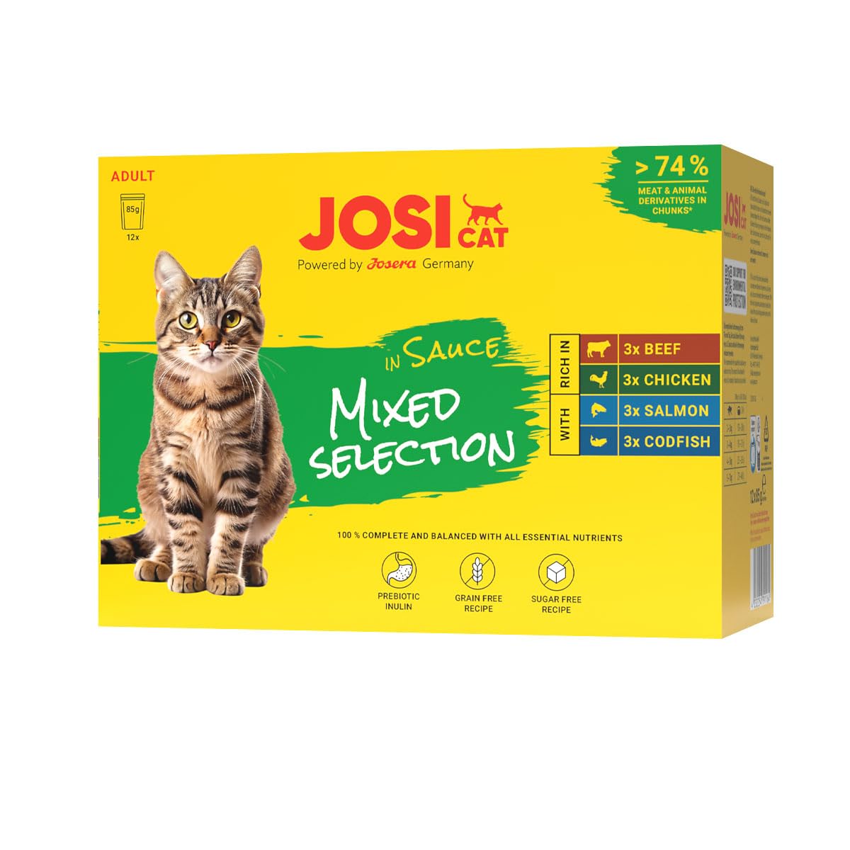 JosiCat Multipack Mixed in Sauce | 48x 85g | Adult | Katzenfutter nass | Premium Nassfutter im Frischebeutel für ausgewachsene Katzen | 4 Sorten Fleisch / Fisch in Sauce | German Quality by JOSERA