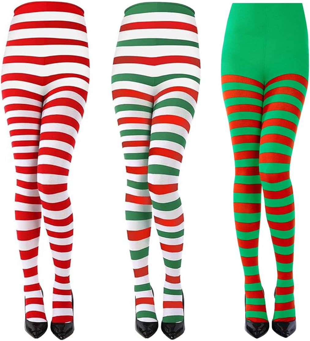 YKYOBFA Christmas Striped Tights Full Length Tights Thigh High Stocking for Christmas Costume Accessory (US, Alpha, X-Small, Regular, Short, 3, Green and Red,Red and White,Red Green and White)