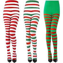 YKYOBFA Christmas Striped Tights Full Length Tights Thigh High Stocking for Christmas Costume Accessory US, Alpha, X-Small, Regular, Short, 3, Green and Red,Red and White,Red Green and White