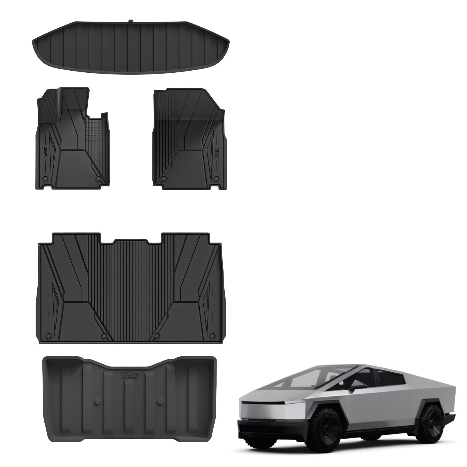 3W Floor Mats Set for Tesla Cybertruck 2023 2024 2025, All Weather Protection Waterproof Frunk & Rear Cargo Liners, Custom TPE Cargo Trunk Accessories Mats for Tesla, Black