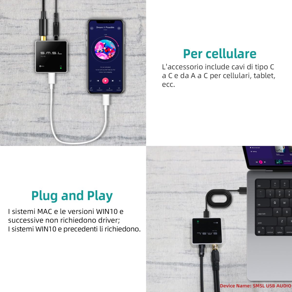 SMSL PO100 192kHz Adattatore Audio USB a Ottico XMOS XU316 Tipo-C SPDIF Coassiale Argentato