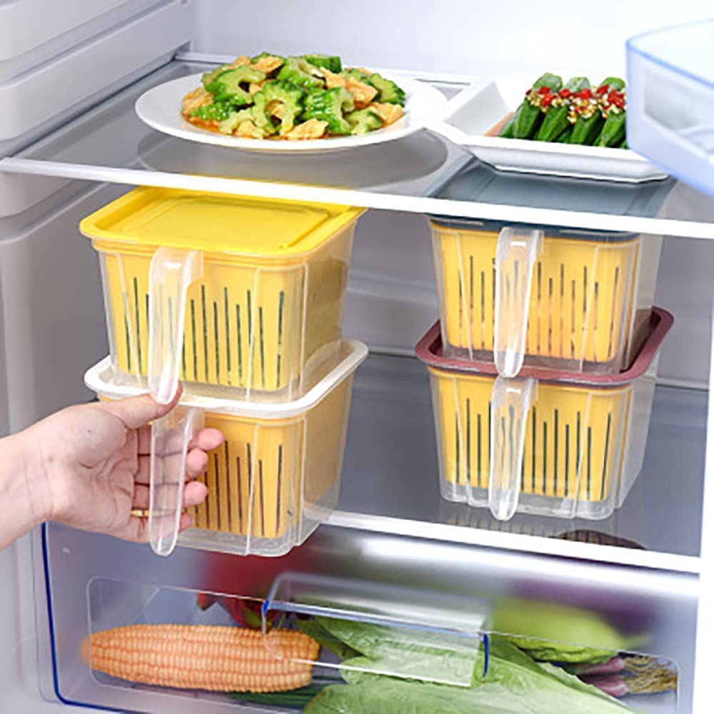 OMORTEXFridge Containers For kitchen Storage With Removable Plastic Drain Basket (Pack Of 4)