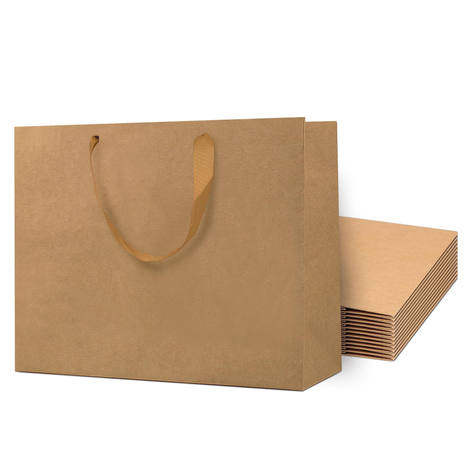 QIELSER 12 szt. torebek na prezenty kraftowe, duże rozmiary, 40 x 15 x 30 cm, brązowe torby na zakupy z papieru kraftowego z uchwytami wstążkowymi, torby na upominki imprezowe, torby na zakupy, torby