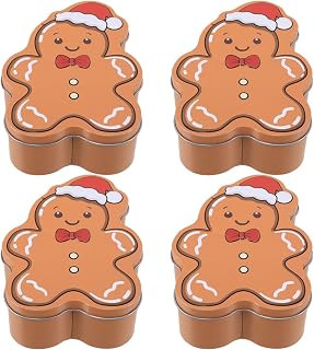 DOITOOL 4 Pcs Christmas Cookie Tins with Lids, Metal Gingerbread Man Cookie Container, Christmas Candy Jar Xmas Tin Containers for Holiday Storing Candies Treat Samll Presents
