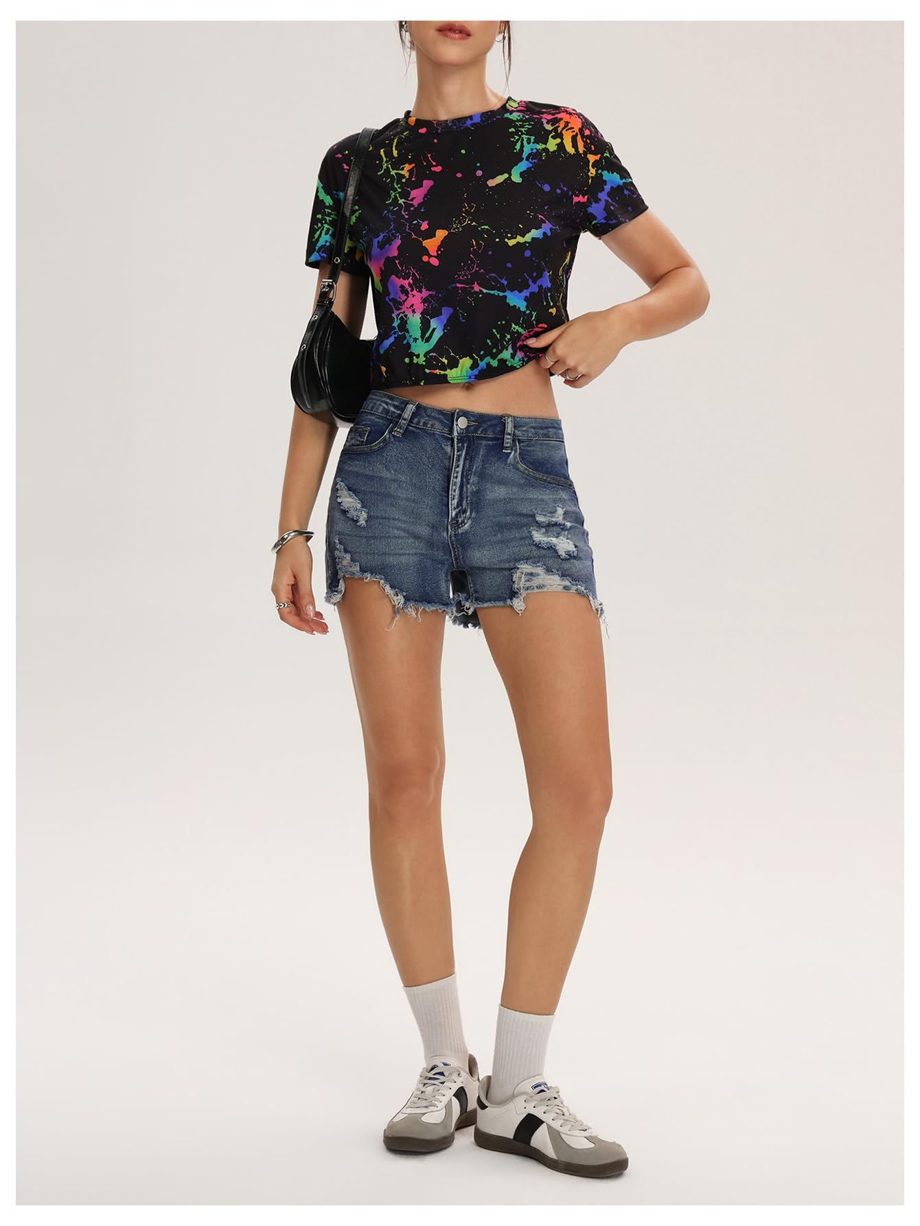 Floerns Camiseta corta de manga corta reflectante para mujer, cuello redondo, estilo casual