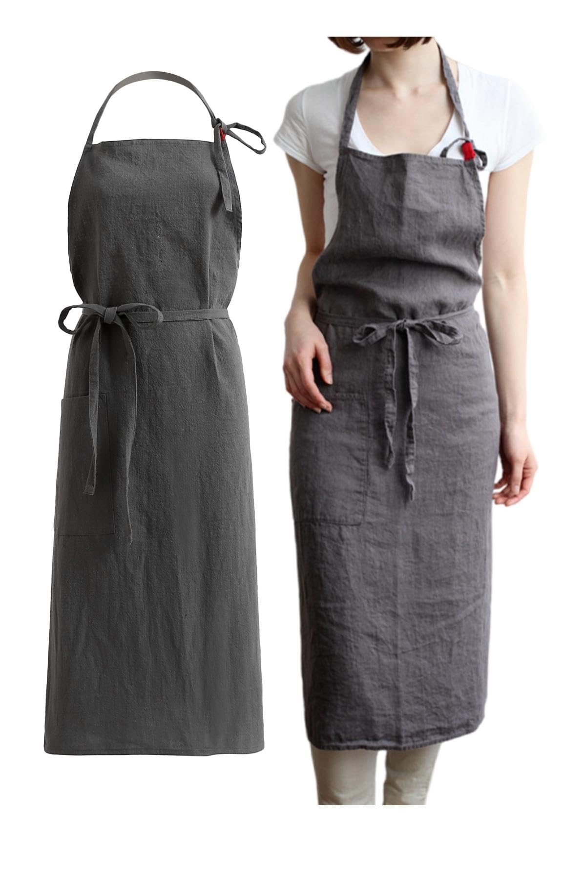 Jeelow Linen Cotton Cooking Kitchen Garden Bib Cross Back Apron Dress For Women With Pockets Split Front