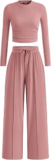 Casual 2 Piece Sets For Women Fall Outfits 2026 Ribbed Spring Long Sleeve Crop Top Wide Leg Pants Matching Lounge Set