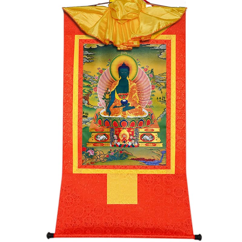 Gandhanra Tibetan Buddhist Thangka Wall Hanging,Bhaisajyaguru Thangka,Medicine Buddha Thangka,Hot Stamped Brocade Buddhist Tapestry for Zen Home Decor, Meditation, Spiritual Relaxation