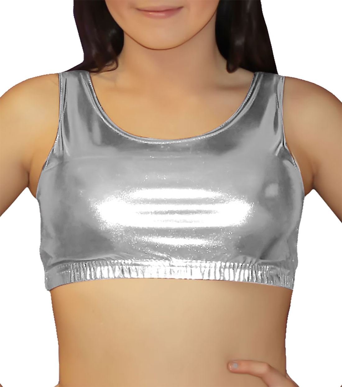 Girlzwalk Women's Silver Shiny Metallic Wet Look Lycra Dance Party Wear Crop Top (, Xl 16-18)