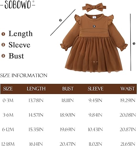 Vista 6 de SOBOWO Mameluco para bebé recién nacida, vestido de tutú con volantes de manga larga, tul sólido, vestidos de otoño con diadema