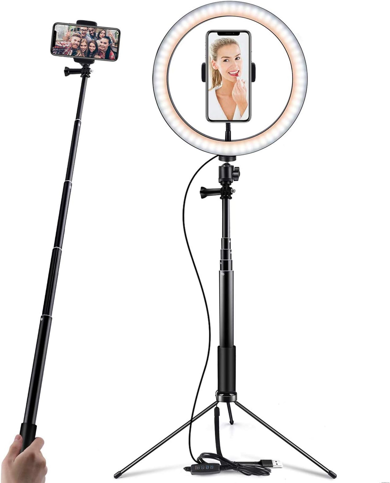 Prtukyt 10" Ring Light with Tripod Stand Selfie Stick & Cell Phone Holder for Live Stream Youtube Video Makeup Vlog Photography Compatible with iPhone Android (10")