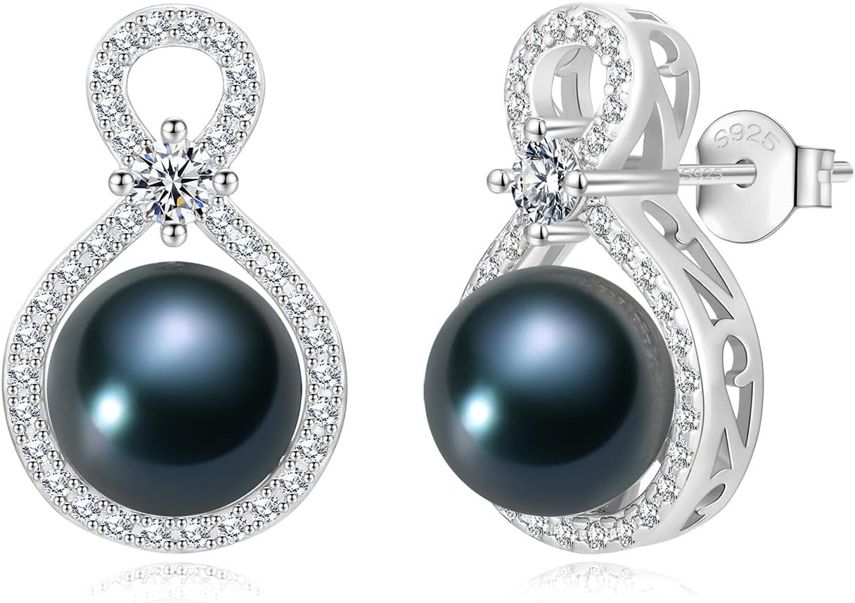 S925 Sterling Silver Infinity Pearl Earrings Stud for Women, Genuine Quality 8-8.5mm Round Saltwater Cultured Pearls 14K Gold Plated Hypoallergenicity Jewelry Gifts for Mother Wife Bridal