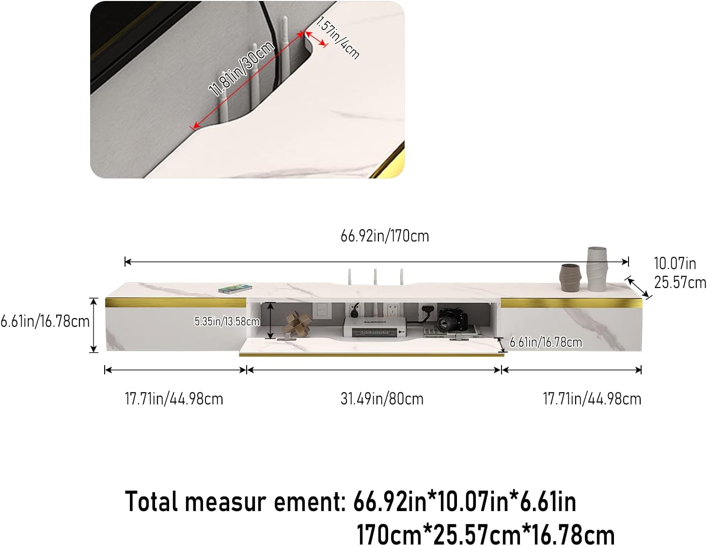 Pmnianhua Floating TV Shelf with Drawers, 66'' Wall Mounted Wood Floating TV Console Entertainment Media Shelf TV Wall Unit with 2 Drawers and 1 Door for Bedroom Living Room (white)