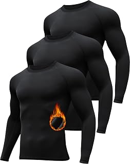 HovSiyla 3 Pack Men's Fleece Lined Thermal Underwear Shirts - Compression Long Sleeve Base Layer for Cold Weather Sports