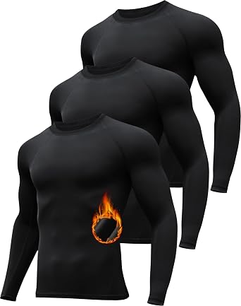 HovSiyla 3 Pack Mens Thermal Underwear Shirts Compression Fleece Lined Long Sleeve Athletic Base Layer Cold Weather