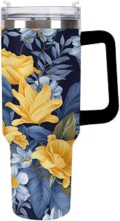 40oz Water Bottle with Handle Stainless Steel Travel Coffee Mug | Blue Base Yellow Floral Vacuum Insulated Tumbler with Leakproof Lid Large Double Wall Travel Mug for Outdoor Home Use