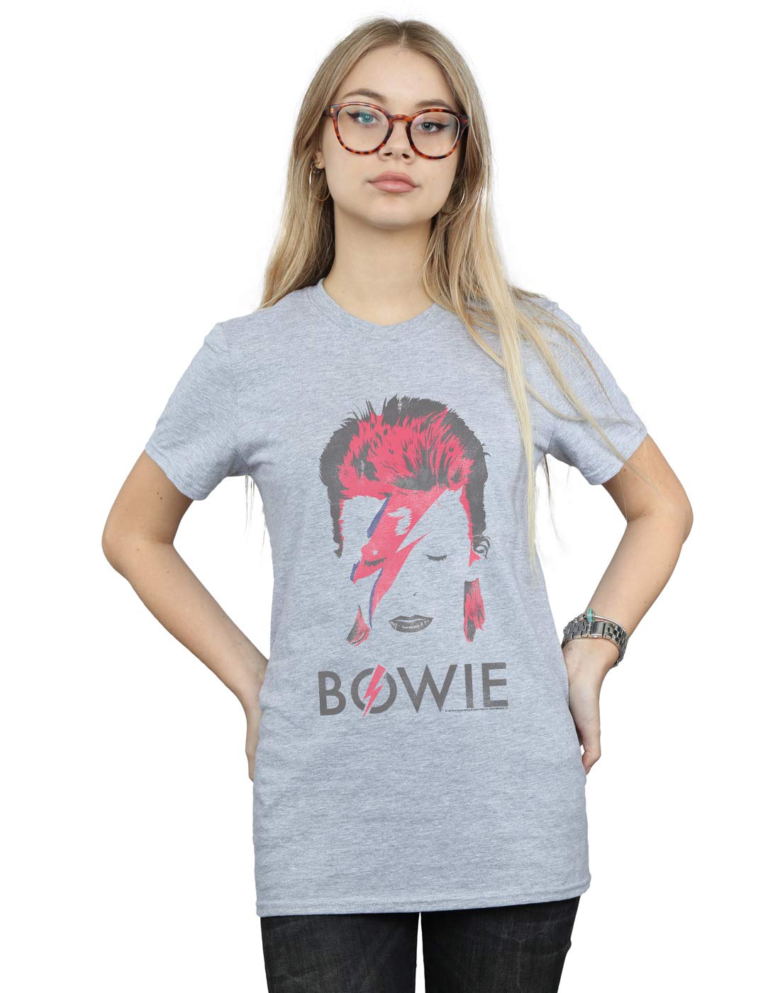 Absolute Cult Women's Sport Grey David Bowie Aladdin Sane Distressed Boyfriend Fit T-Shirt Small