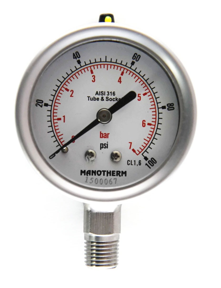 Industrial Pressure Gauges,2-1/2" Dial, 0-100 Psi/bar, 1.6% Accuracy, 1/4" Male NPT Connection, Bottom Mount,St.St 316 Internal Bourdon Tube & Socket,St St Case,Bayonet Lock Type