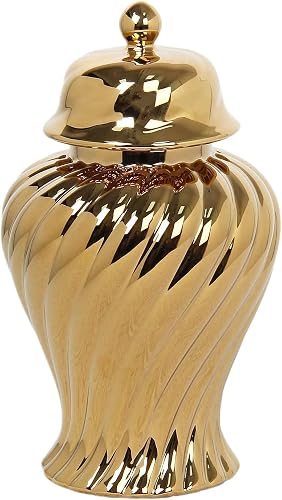 Small Ceramic Ginger Jar with Lid, 8.25 Inch Gold-Plated Decorative Vase for Centerpiece, Kitchen Counter Tea Storage Canister, Spiral Wavy Porcelain Jar for Living Room, Office, Wedding