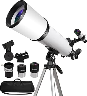 80 mm Öffnung, 600 mm Refraktor-Teleskop für Erwachsene und Anfänger | FMC Optics, 24X-180X Reichweite, 56-122 cm Aluminium-Stativ, Handy-Adapter & Tragetasche für Mond- und Planetenbeobachtung