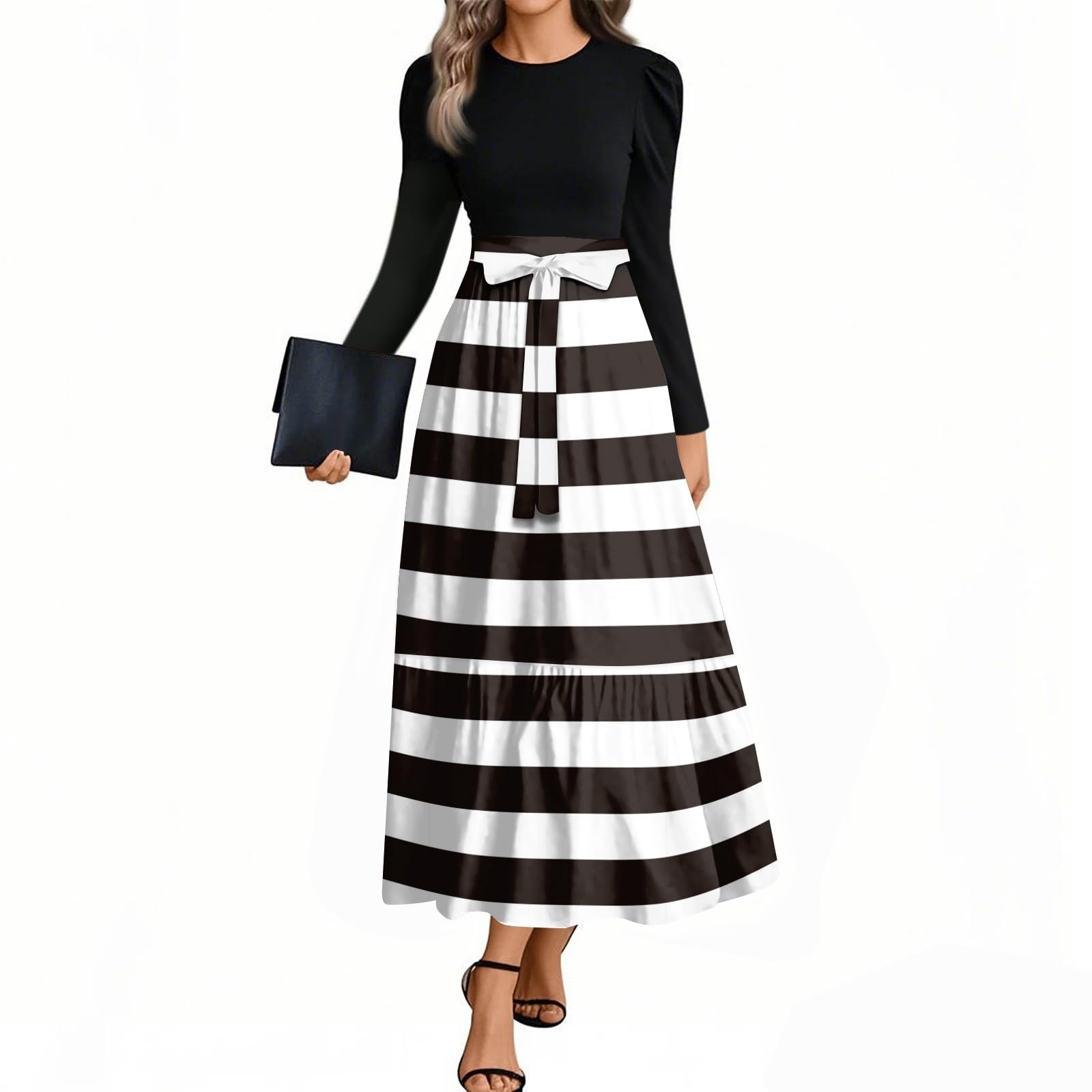 Vestidos de verano para mujer, hasta la rodilla, vestidos de verano de manga larga | Vestido de otoño con cuello redondo y ligero, elegante, entallado, elegante, de vacaciones, de manga larga