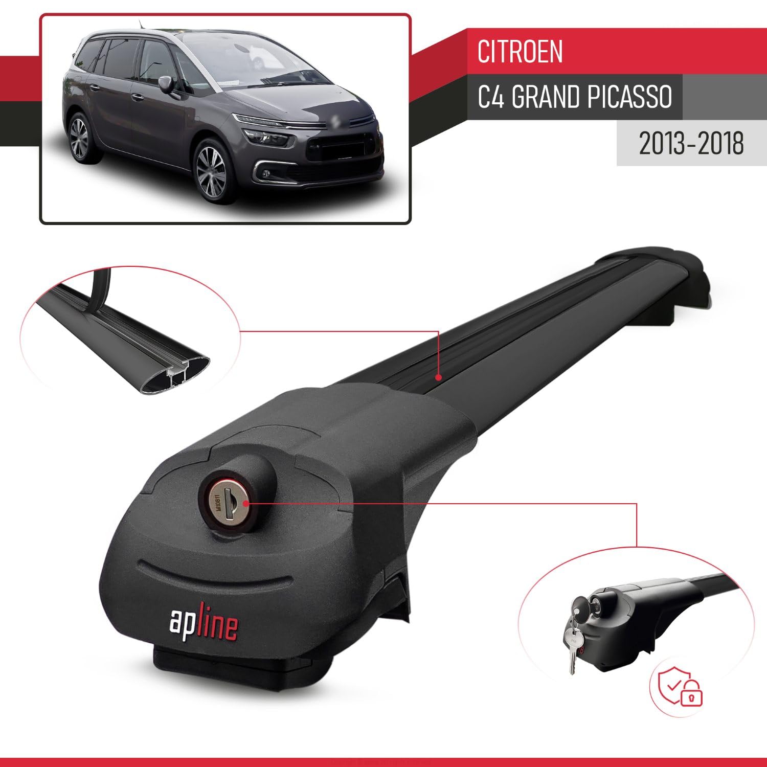 Pasuje do Citroen C4 Grand Picasso 2013-2018 ACE-1 relingi dachowe bagażnik samochodowy, czarny, czarny, 2 słupki