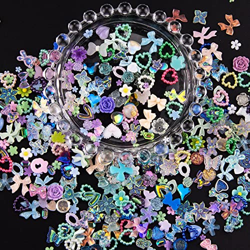 300Pcs 3D Assorted Mix Color Nail Charms Multi Shapes Heart Flower Butterfly Bowknot Shaped Nail Charms Resin Flatback Nail Art Rhinestones Charms For Manicure Diy Crafts Jewelry Accessories #TOP18