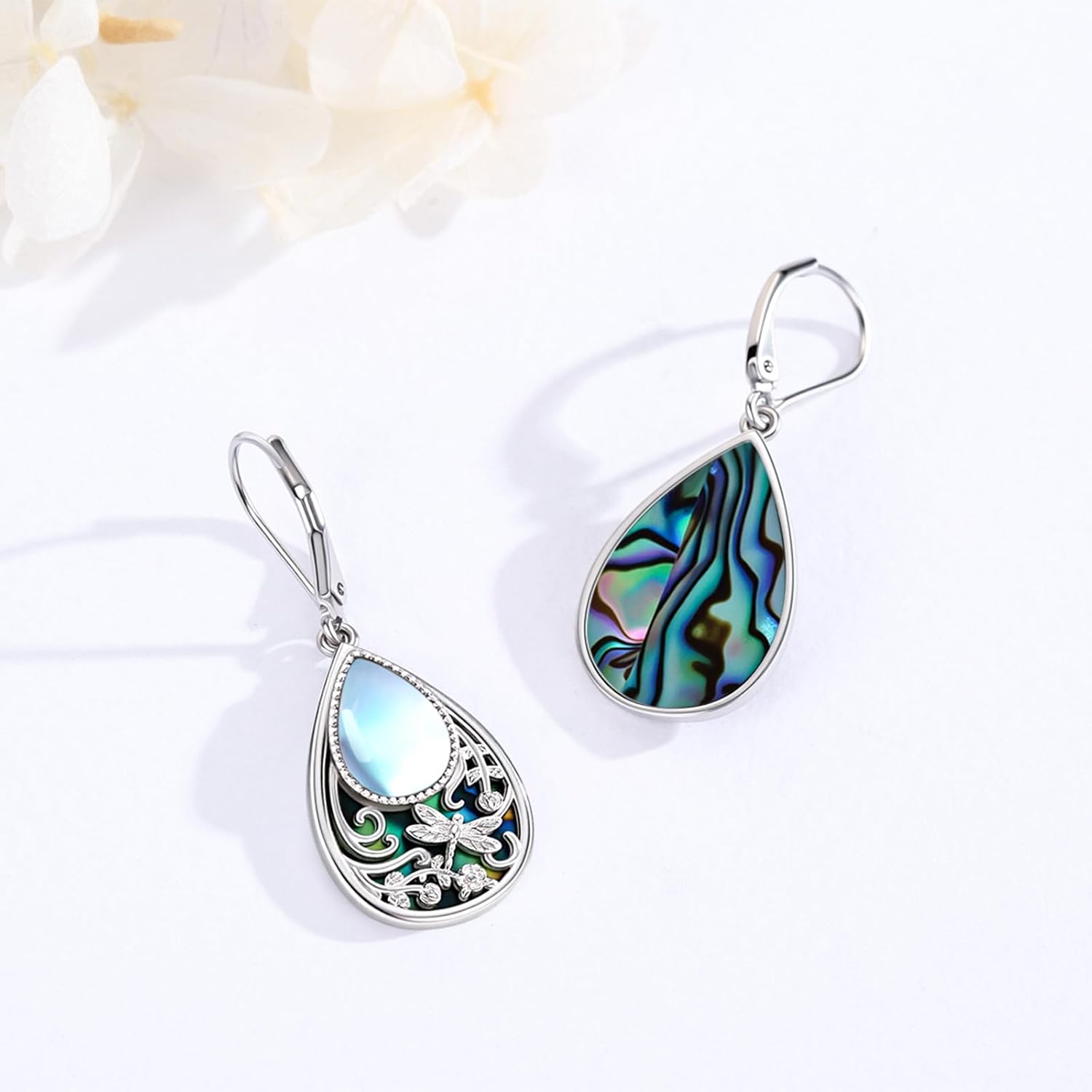 Dragonfly Filigree Earrings 925 Sterling Silver Teardrop Moonstone Abalone Shell Dangle Drop Earrings Filigree Jewelry Gifts for Women - Image 3