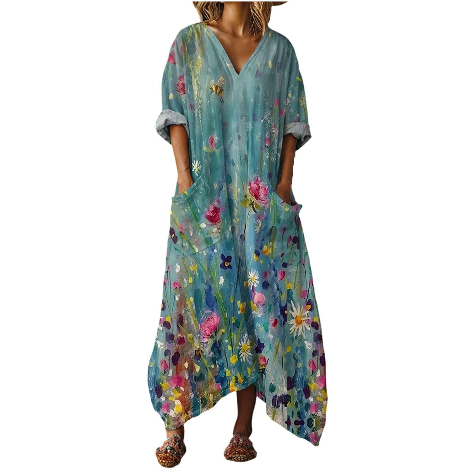Vestito Estivi Donna Lunghi Boho Chic in Lino Effetto Scollo a V Maniche a 3/4 Abito Maxi Vestiti Vintage con Tasche Elegante e Comodo Kaftan Mare Vacanza Estate Taglie Forti Curvy Copricostume