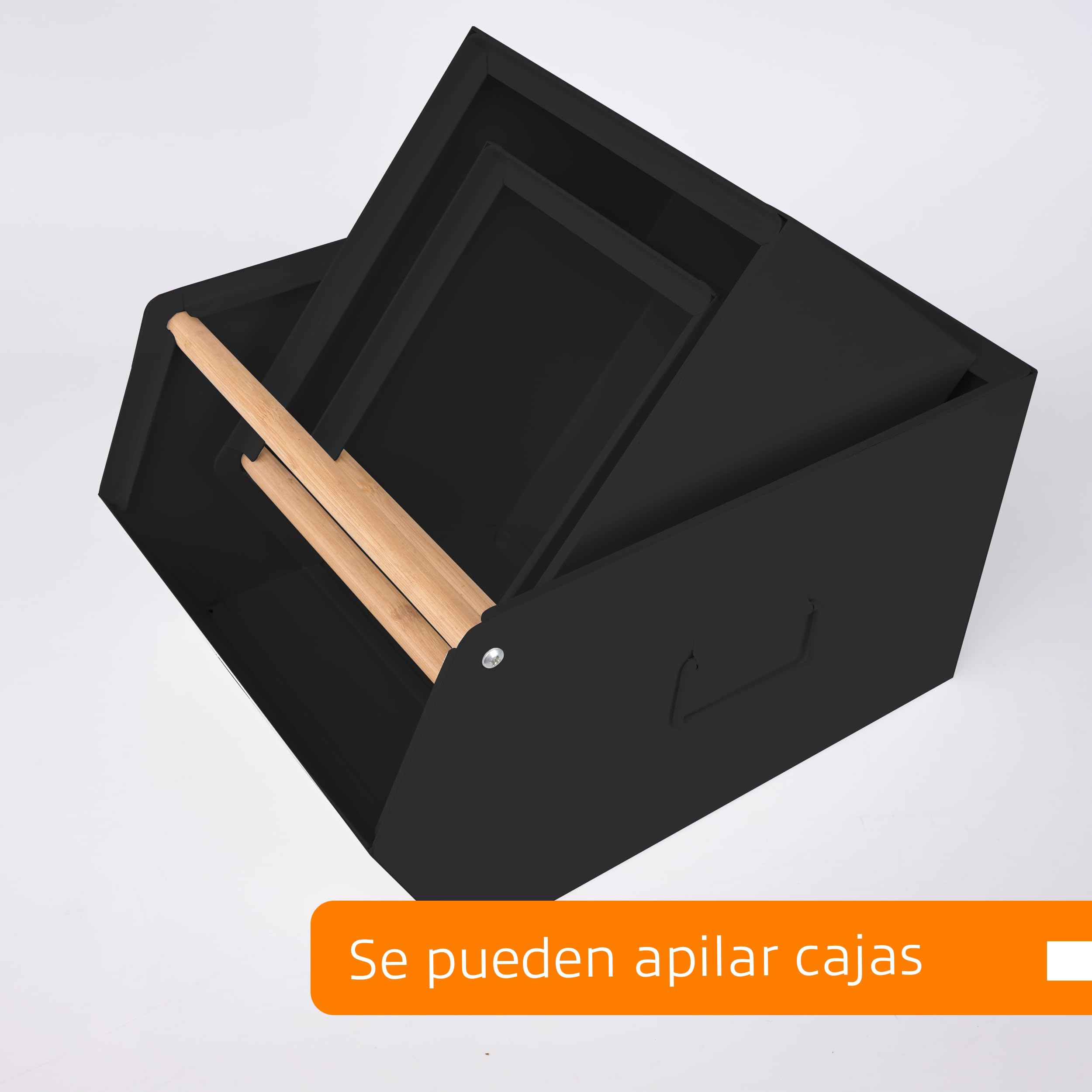 XZ-22276-2 Juego de 3 Cajas de Metal Apilables con Mango de Madera - Organizadores Multiusos para Cocina, Oficina o Hogar - Fuertes, Elegantes y Duraderas (Negro)