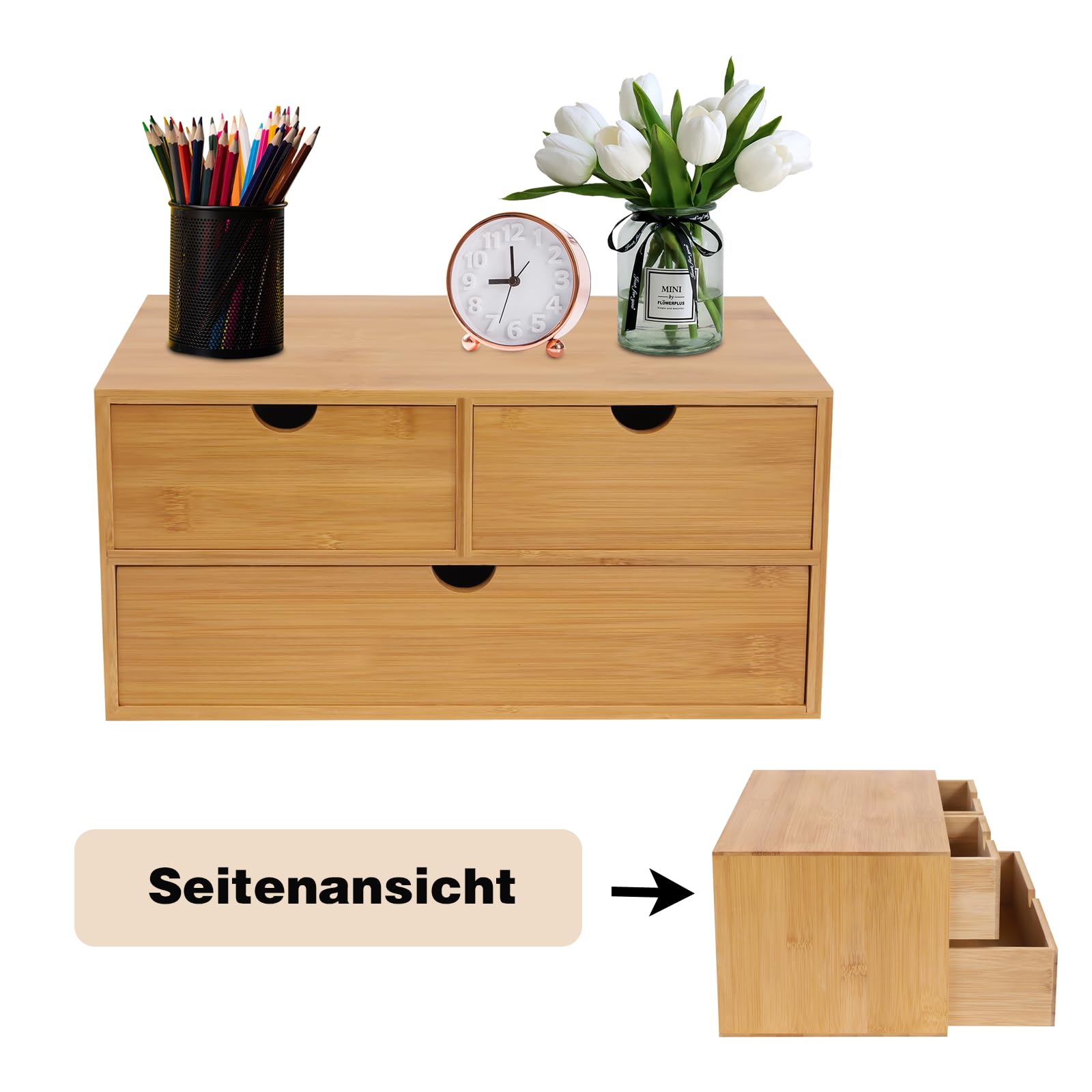 Organizer da scrivania in bambù, organizer da tavolo in legno, con 3 cassetti, portapenne, organizer da scrivania, organizer in bambù, per utensili da ufficio, collezioni di cosmetici e casa