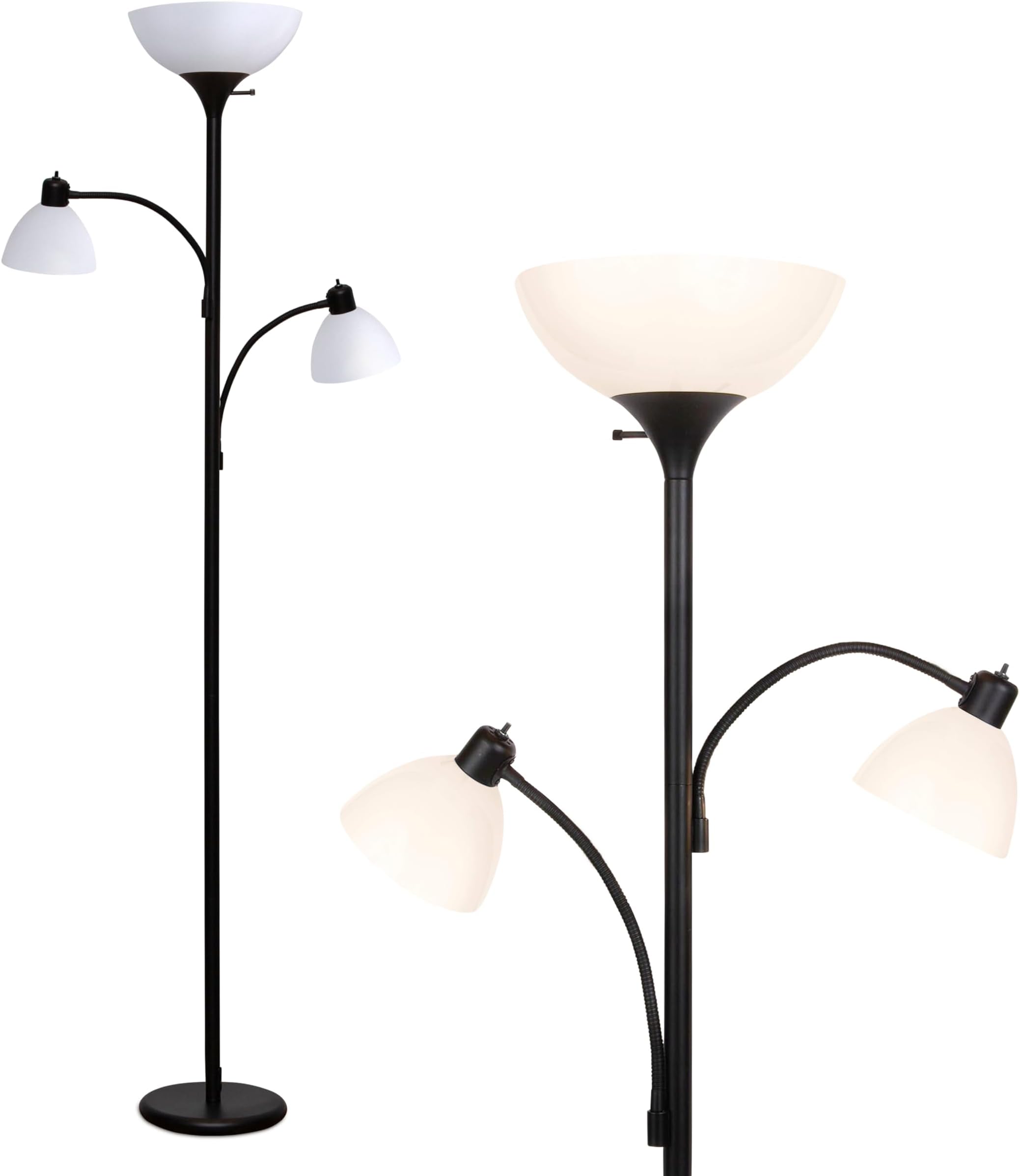Brightech Sky Dome Double – High Brightness Torchiere Floor Lamp with 2 Reading Lights for Living Rooms, Bedrooms – Replace Halogen Standing Lamps with Efficient LED Office Lighting - Tall Black Pole