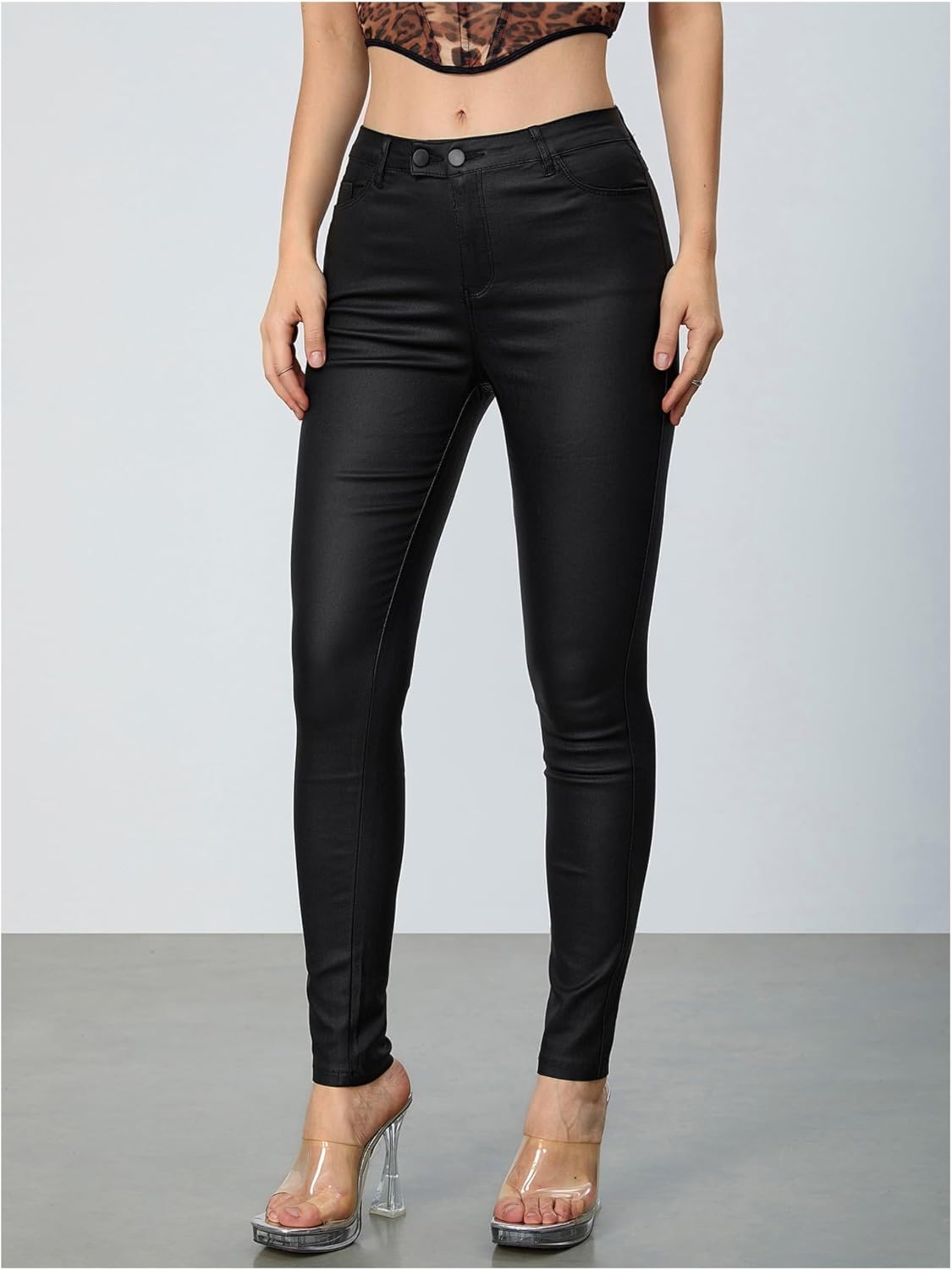 MakeMeChic Women's Faux Leather Stretch Skinny Pants High Waisted Double Button Leggings Club Party Pants - Image 5