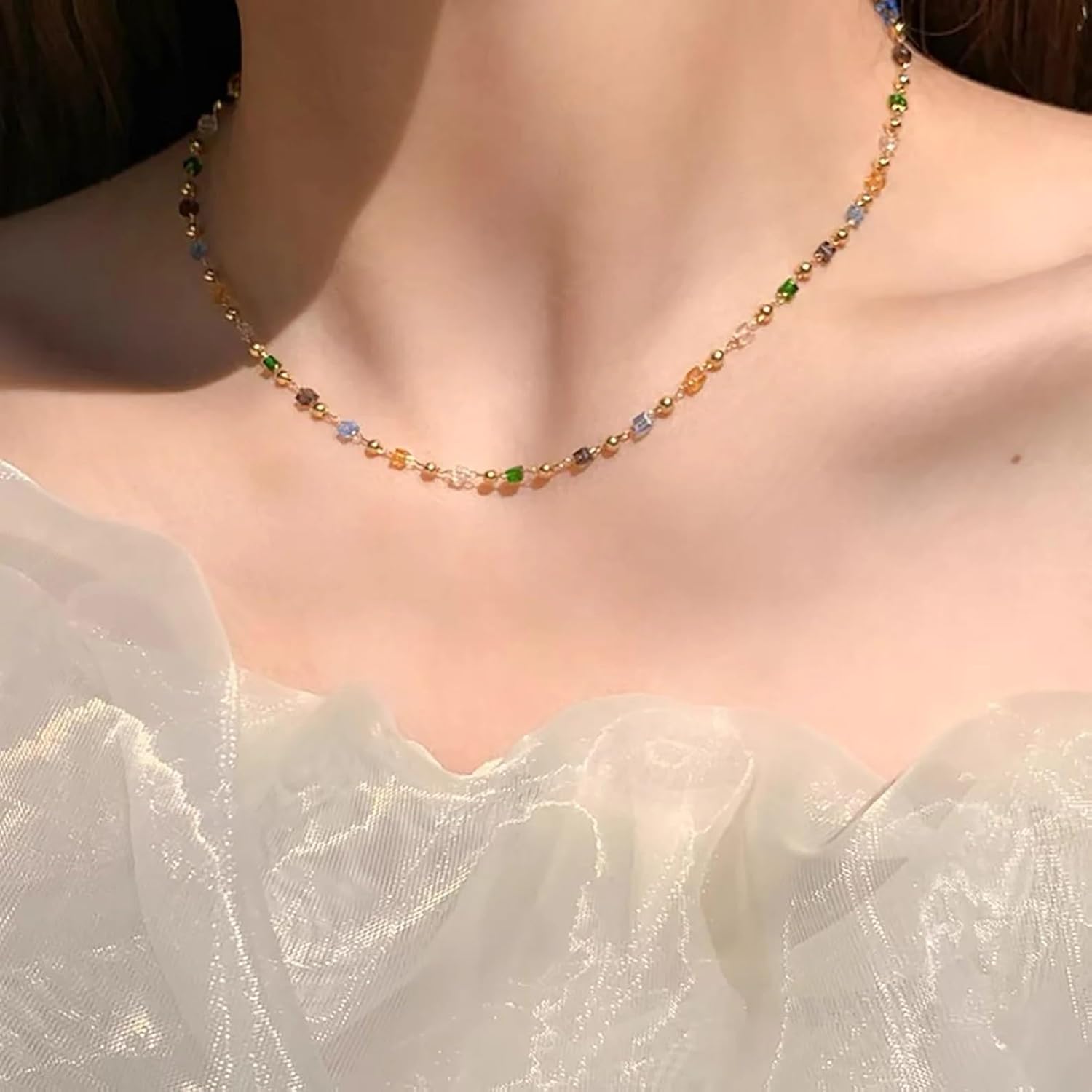 Beaded Choker Necklaces, Handmade Healing Crystal Stone Choker Colorful Bohemian Gemstone Necklaces Gold Summer Beach Choker Necklaces for Women - Image 2