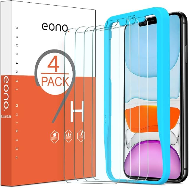 Amazon Brand-Eono 4 Pack Screen Protectors for iPhone 11 and iPhone XR, Premium Tempered Glass Screen Protector with Alignment Frame, 9H-Hardness, Crystal Clarity, No Bubbles, 6.1 Inch