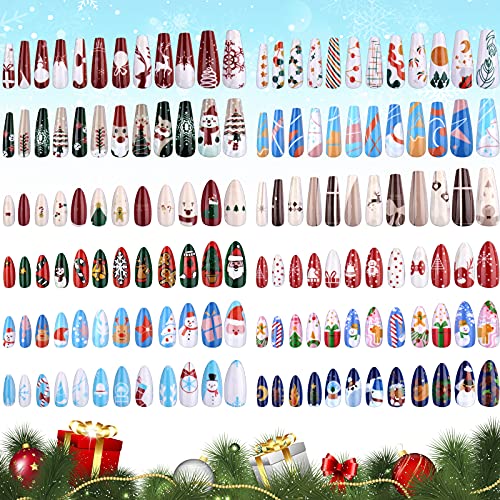 288PCS Christmas Fake Nails, Lorvain 2 Shapes Xmas Stiletto False Nail Set with 120PCS Nail Adhesive Tabs Full Cover Santa Claus Christmas Trees Snowflakes Fingernails for Festival Nail Art Decoration
