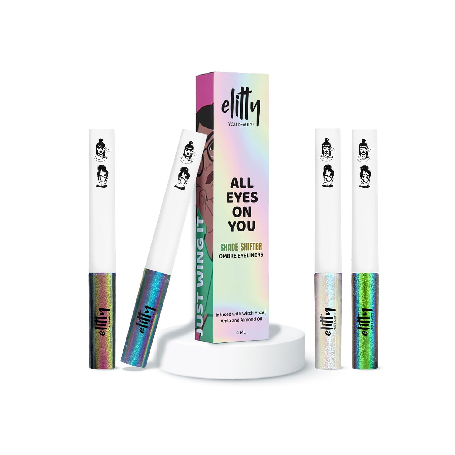 Elitty Colour Whirl Ombre Waterproof Liquid Eyeliner Combo (Pack of 4) | Holographic Shades (Jade Jive, Aurora, Celestial, Fairycore) | Lasts Upto 12 Hrs | 4 ML Each