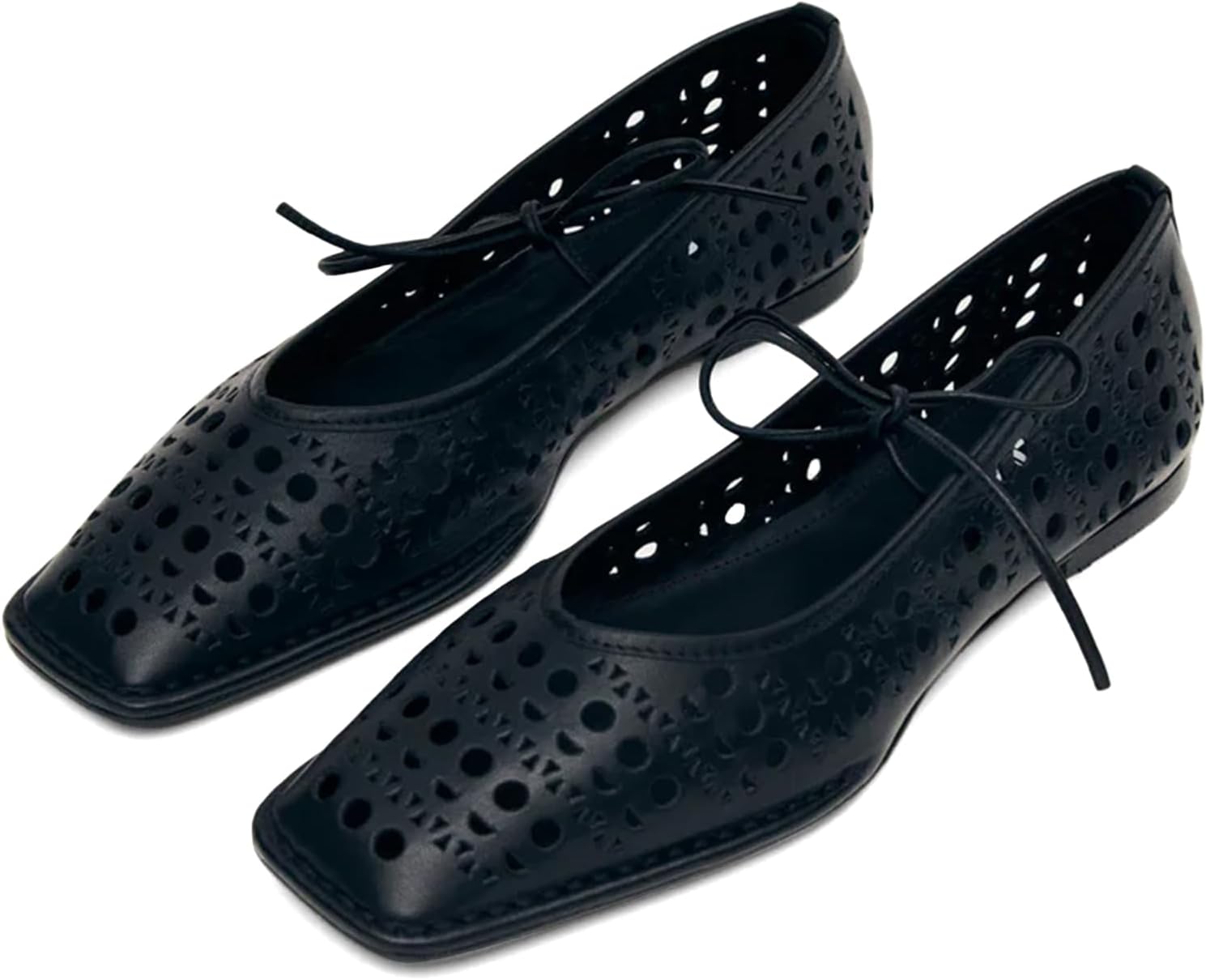 Black Ballet Flats for Women Square Toe Lace up Wide Width Mary Jane Flats Casual Slip on Ballerina Shoes