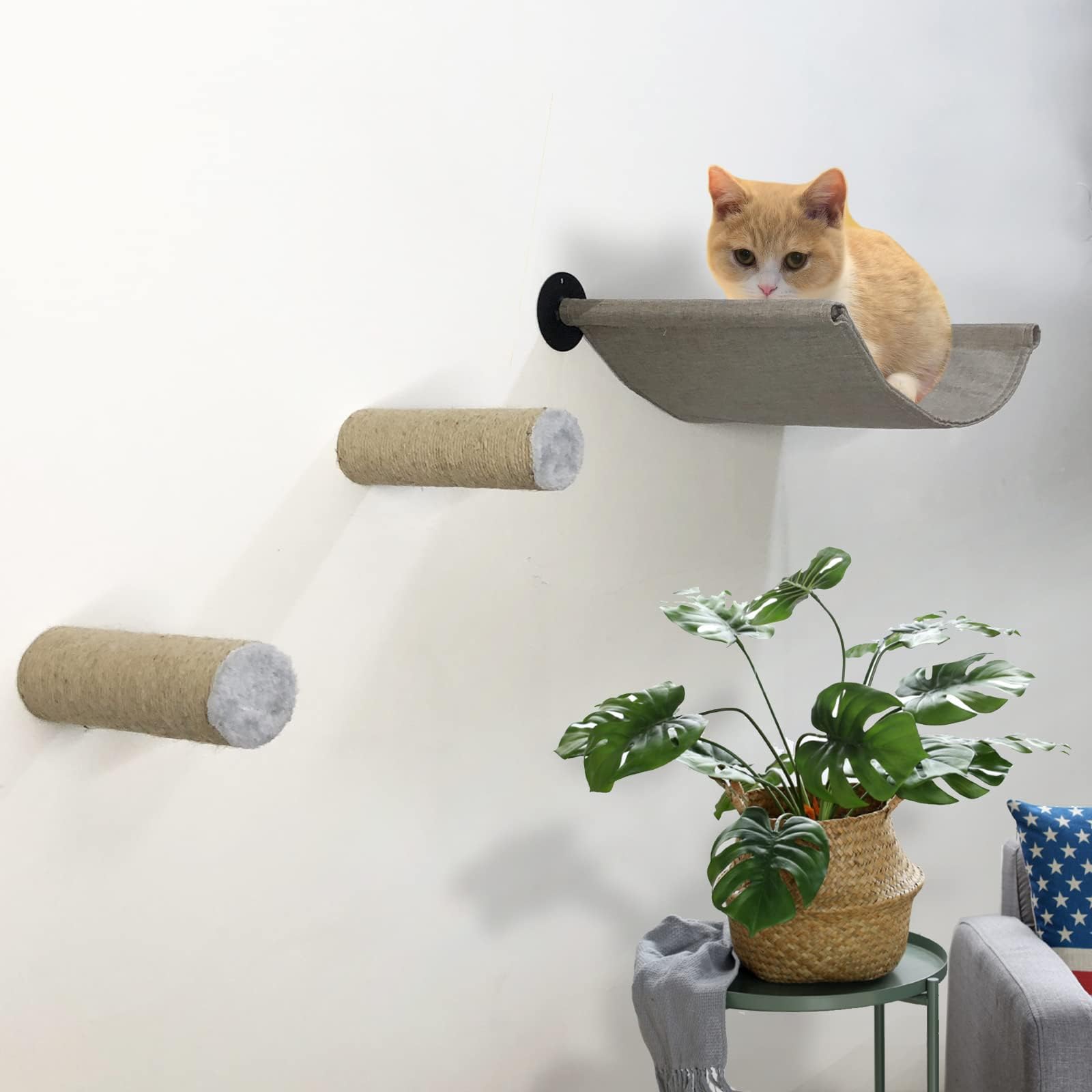 Cat Hammock Wall Mounted Cat Wall Shelves with Two Steps Furniture for Sleeping, Playing, Climbing, Lounging - Metal Bracket Easily Holds up to 45 lbs